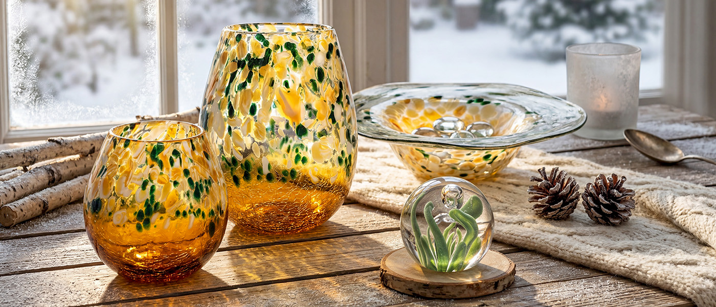 Verres et coupe en verre souffl&eacute; mouchet&eacute; ambre et vert, pos&eacute;s sur une table en bois devant une fen&ecirc;tre enneig&eacute;e.